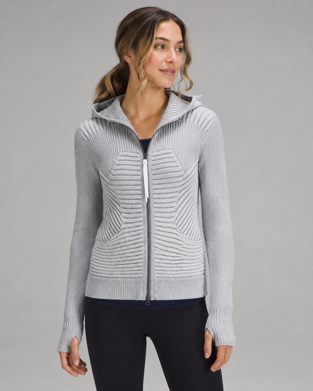 Lululemon Athletica Knit Hooded Zip Sweater Size 2 Gray Cotton Ribbed Cardigan
